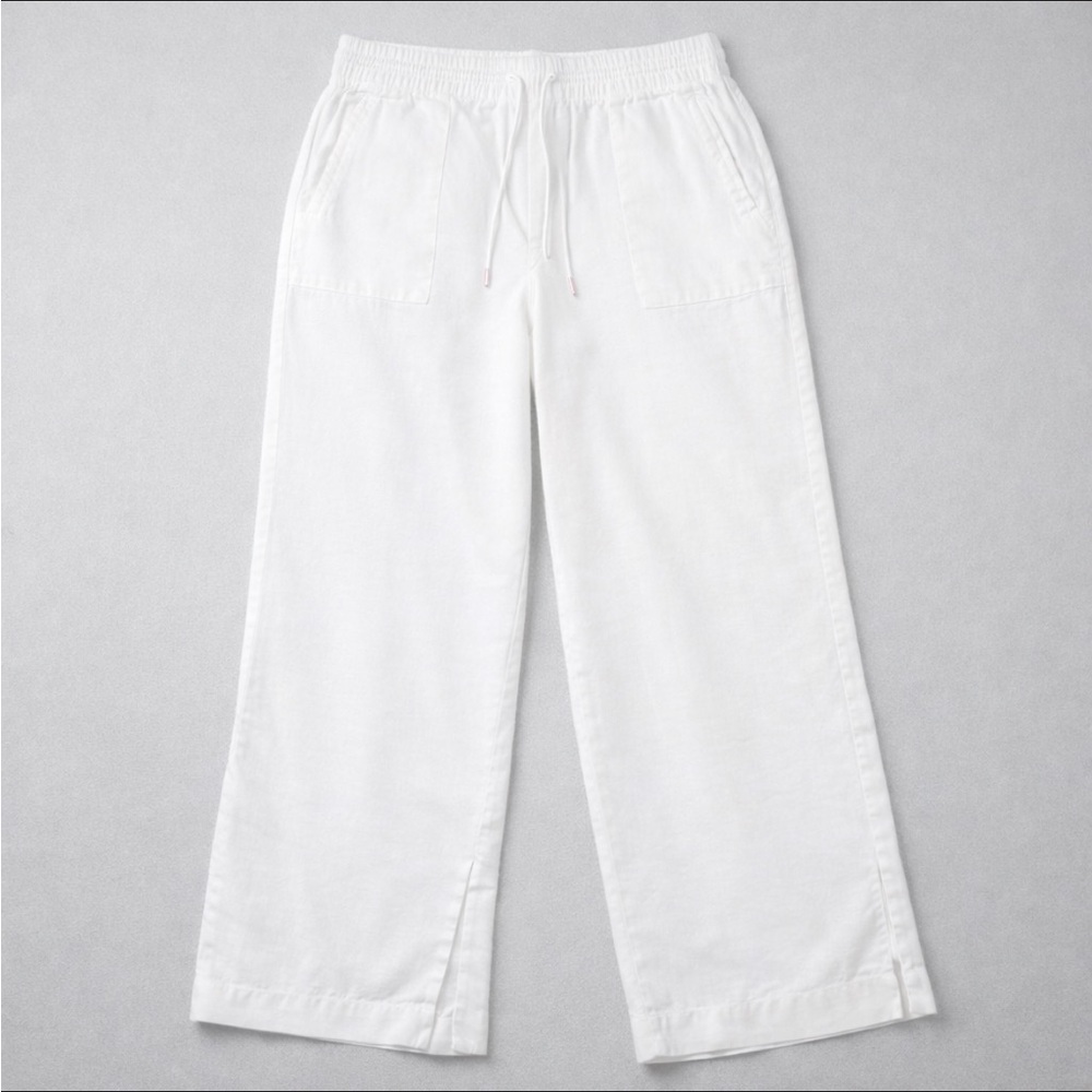 Athleta Retreat Linen High Rise Wide Leg Pants White 14 Leg Slit Zip Pockets